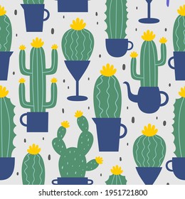 Cute hand drawn seamless pattern with cartoon cactus and succulents in pots. Vector illustration. Can be used like pattern for textile, wrapping paper, cards and party invitations