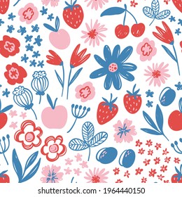 Cute hand drawn seamless pattern with flowers, cherry and strawberies in red, pink and blue colors. Perfect for home and nurseri textile