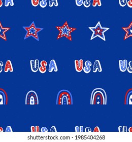 Cute hand drawn seamless pattern with doodle stars, letters and rainbows, patriotic background, great for 4th of July, textiles, banners, wrapping, wallpapers - vector design