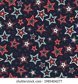 Cute hand drawn seamless pattern with doodle stars, patriotic background, great for 4th of July, textiles, banners, wrapping, wallpapers - vector design