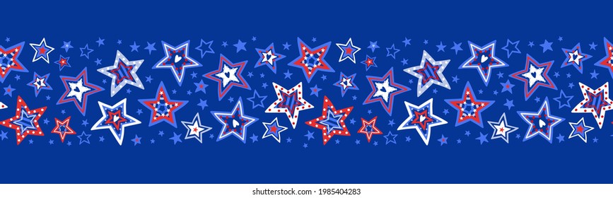 Cute hand drawn seamless pattern with doodle stars, patriotic background, great for 4th of July, textiles, banners, wrapping, wallpapers - vector design