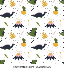 Cute hand drawn seamless pattern with dinosaur, tropical leaf, volcano and baby dino in egg. Colorful design for kid fabric, textile, nursery. Childish vector decorative print.