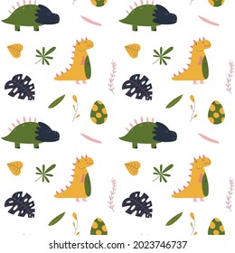 Cute hand drawn seamless pattern with dinosaur, tropical leaf, dino egg. Colorful design for kid fabric, textile, nursery. Childish vector decorative print.