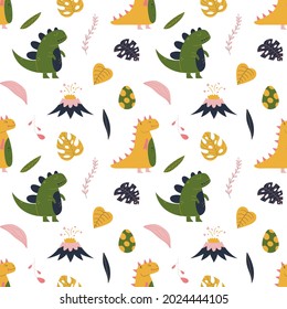 Cute hand drawn seamless pattern with yellow and green dinosaur, tropical leaf, volcano and dino egg. Colorful design for kid fabric, textile, nursery. Childish vector decorative print.