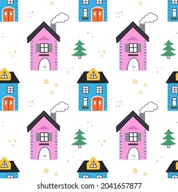 Cute hand drawn seamless pattern with houses on white background. Scandinavian style vector illustration.