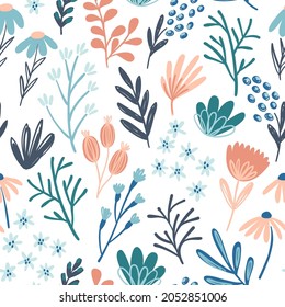 Cute hand drawn seamless pattern with flowers, branches and corals in blue, peach and green colors. Perfect for home and nursery textile