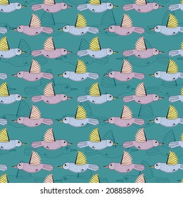 Cute hand drawn seamless pattern with birds. Doodle vector animal texture.