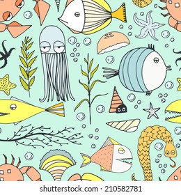 Cute hand drawn seamless pattern with water creatures made in vector. Underwater life texture. Fish, turtle, starfish, crab, shark, octopus.