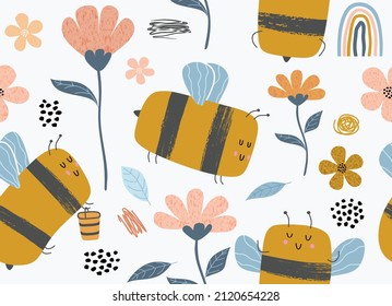 cute hand drawn seamless pattern of bees