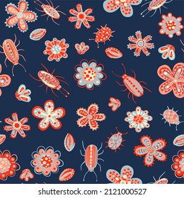 Cute hand drawn seamless pattern with stylized bugs, cockroaches and flowers. Children's drawing with insects and plants for printing on fabrics and paper