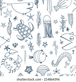 Cute hand drawn seamless pattern with water creatures made in vector. Underwater life texture. Fish, turtle, starfish, crab, shark, octopus.