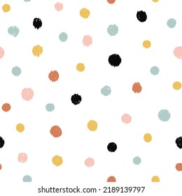 Cute hand drawn seamless pattern with Colorful Polka Dots. Abstract Multicolored doodle shapes on white background. design for background, wallpaper, wrapping, fabric, and all your creative project.