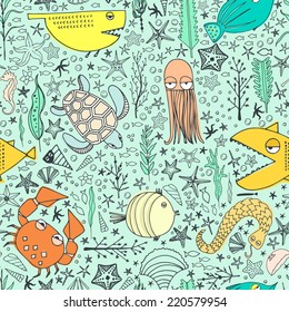 Cute hand drawn seamless pattern with water creatures made in vector. Underwater life texture. Fish, turtle, starfish, crab, shark, octopus.