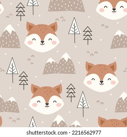 Cute hand drawn seamless pattern with Fox, forest elements and snowy mountains. Childish Cartoon Animals Background. design for fabric, wrapping, textile, wallpaper and more