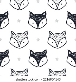 Cute hand drawn seamless pattern with Fox and star. Childish Cartoon Animals Background. design for fabric, wrapping, textile, wallpaper and more