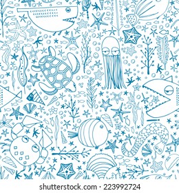 Cute hand drawn seamless pattern with water creatures made in vector. Underwater life texture. Fish, turtle, starfish, crab, shark, octopus.