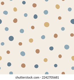 Cute hand drawn seamless pattern with Colorful Polka Dots. Abstract Multicolored doodle shapes on white background. Design for background, wallpaper, wrapping, fabric, and more