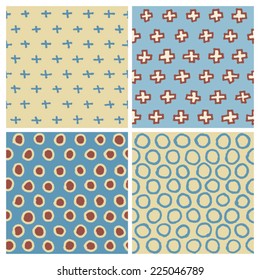 Cute Hand Drawn Seamless Pattern Set: Cross (plus sign) and Circles. Desaturated Colors