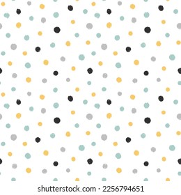 Cute hand drawn seamless pattern with Colorful Polka Dots. Abstract Multicolored doodle shapes on white background. design for background, wallpaper, wrapping, fabric, and all your creative project.