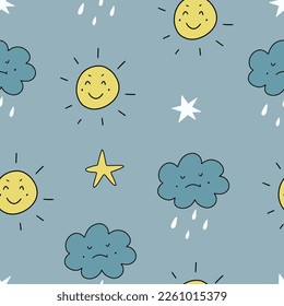 Cute hand drawn seamless pattern with doodle cloud sun stars. Scandinavian background for kids with cartoon sky. Vector illustration
