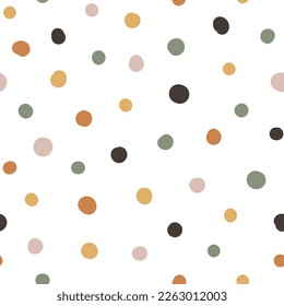 Cute hand drawn seamless pattern with Colorful Polka Dots. Abstract Multicolored doodle shapes on white background. Design for background, wallpaper, wrapping, fabric, and more