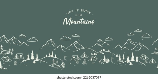 Cute hand drawn seamless pattern with camping doodles, tents, landscape and trails, great for textiles, banners, wallpapers