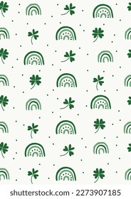 Cute Hand Drawn Seamless Pattern With Clovers And Green Ranbows. Irregular Repeatable Design On Off-White Background. Vector Graphic Great To Use For St. Patrick’s Day.