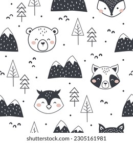 Cute hand drawn seamless pattern with woodland animals and snowy mountains. Doodle Black and White Cartoon Animals Background. Cute Cartoon fox, racoon, bear, and owl.