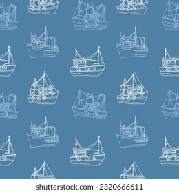 cute hand drawn seamless pattern of fishing boats, line vector art for cards, design, fabrics