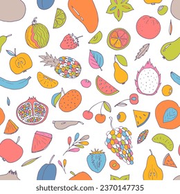 Cute hand drawn seamless pattern with summer fruits and berries. Healthy food background. Trendy textile print. Vector illustration