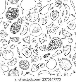 Cute hand drawn seamless pattern with summer fruits and berries. Healthy food background. Trendy textile print. Vector illustration