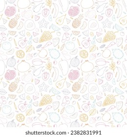 Cute hand drawn seamless pattern with summer fruits and berries. Healthy food background. Trendy textile print. Vector illustration