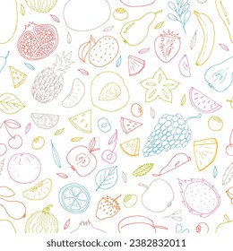 Cute hand drawn seamless pattern with summer fruits and berries. Healthy food background. Trendy textile print. Vector illustration