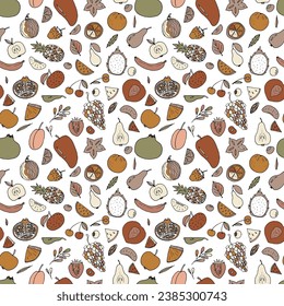 Cute hand drawn seamless pattern with summer fruits and berries. Healthy food background. Trendy textile print. Vector illustration