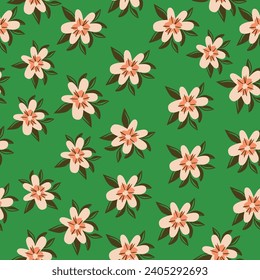 Cute hand drawn seamless pattern with flowers, branches and corals in blue, peach and green colors. Perfect for home and nursery textile