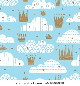 Cute hand drawn seamless pattern with decorative clouds and crowns.Vector seamless pattern. Can be used in textile industry, paper, background, scrapbooking. 