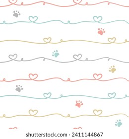 Cute Hand drawn seamless pattern with heart line and pawprint. cute pet dog or cat background. Cute design for greeting card, scrapbooking, paper goods, background, textile, wrapping, fabric and more.