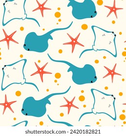 Cute hand drawn seamless pattern illustration with red starfish and stingray	