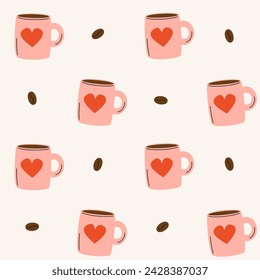 cute hand drawn seamless pattern with pink coffee cups with red hearts and coffee bean