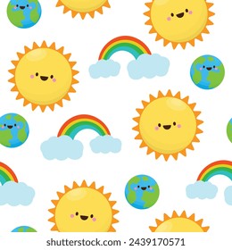 Cute hand drawn seamless pattern background vector. Kids tile wallpaper of sun, cloud, rainbow, earth, world, planet in pattern. Children creative design illustration for fabric, packaging.