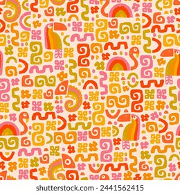 Cute hand drawn seamless pattern with vibrant colors, retro design, great for fabrics, wallpaper, wrapping - vector design