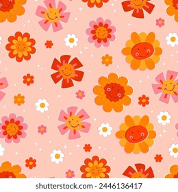 Lindo patrón sin costuras dibujado a mano con flores de margarita vintage. Diseño de superficie de fondo de Vector floral retro feliz, textil, papelería, papel de embalaje, cubiertas. 60, 70, 80 estilo