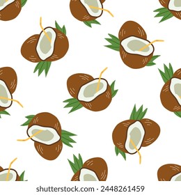 Cute hand drawn seamless pattern of whole coconut and coconut with straw. Tropic background. Perfect for invitations, greeting cards, posters, prints, banners, flyers etc.