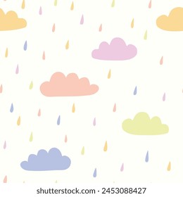 Cute hand drawn seamless pattern. Modern Scandinavian vector background. Simple textile design for kids clothes with clouds and raindrops
