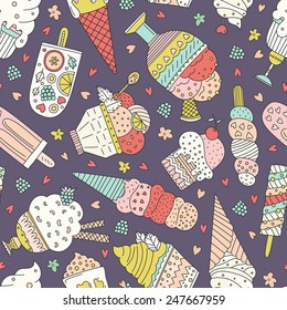 Cute hand drawn seamless pattern with different types of ice cream. Doodle texture with sweet desserts. Perfect background for cafe or restaurant menu. 