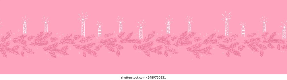 Cute hand drawn seamless pattern with pink branches and christmas decoration - x mas background, great for textiles, banners, wallpapers - vector design