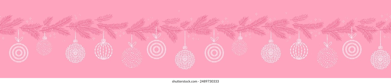 Cute hand drawn seamless pattern with pink branches and christmas decoration - x mas background, great for textiles, banners, wallpapers - vector design