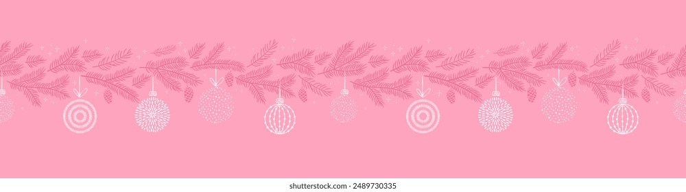 Cute hand drawn seamless pattern with pink branches and christmas decoration - x mas background, great for textiles, banners, wallpapers - vector design