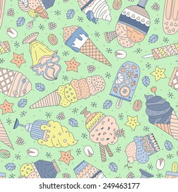 Cute hand drawn seamless pattern with different types of ice cream. Doodle texture with sweet desserts. Perfect background for cafe or restaurant menu. 