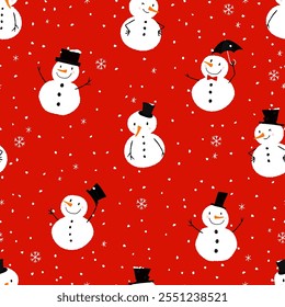 Cute hand drawn seamless pattern - Snowman with carrot nose and cylinder hat, lovely christmas background, great for wrapping paper, textiles, wallpapers - vector 